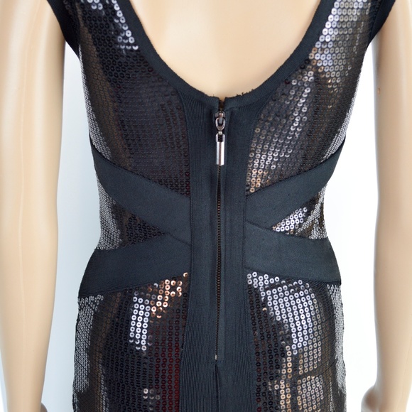 BEBE Black Sequin Bodycon Knit Bandage Bodycon Mini Party Dress Size XS - Picture 9 of 9